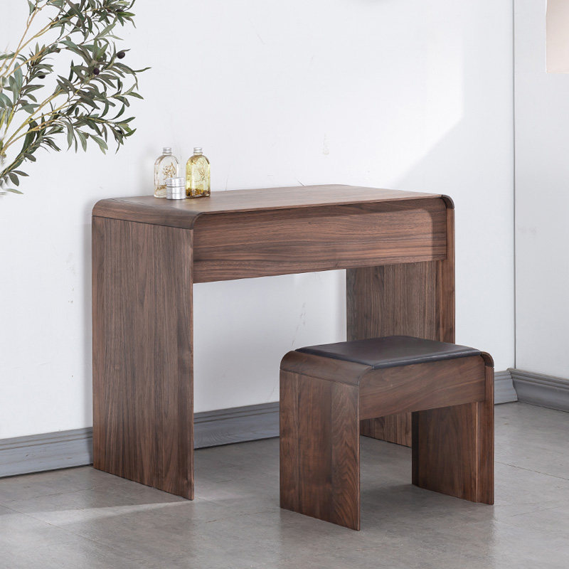 Black Hu Peach Wood Makeup Bench Solid Wood Makeup Table Nordic Small Family Type Bedroom Clamshell Makeup Desk Brief Log Wind