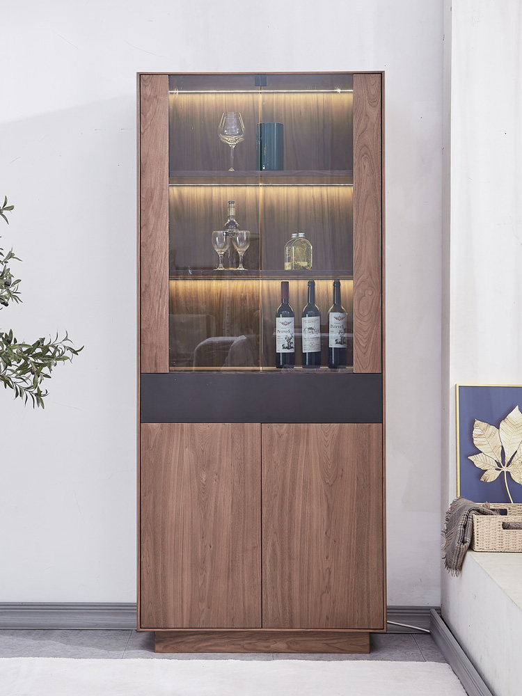 Zothrin Solid Wood Wine Cabinet Display Cabinet Glass Door Modern Minima Living Room Leaning Against Wall Wine Cabinet Black Walnuts Wood