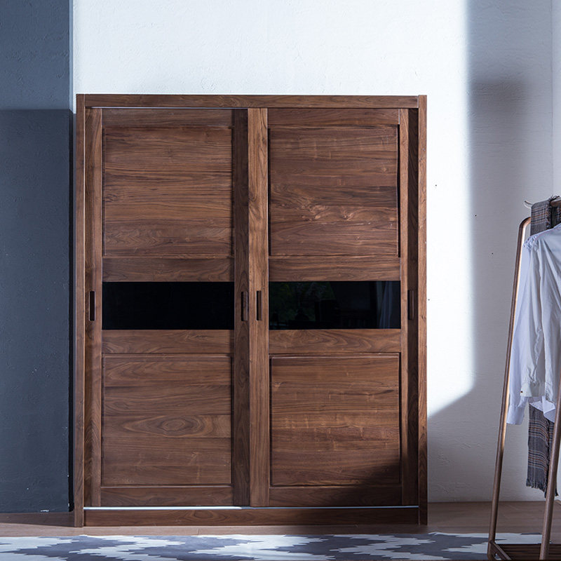 Black walnut sliding door wardrobe Solid wood sliding door bedroom walnut two-door wardrobe overall cloakroom customization
