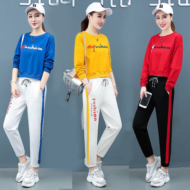 Tide brand sports set women's 2021 autumn new print long sleeve thick cotton T loose fashion aged casual two-piece