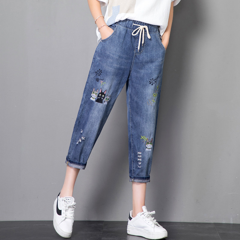 Trendy brand jeans women's loose high-waist cropped pants 2021 summer thin section embroidery harem pants elastic waist daddy pants