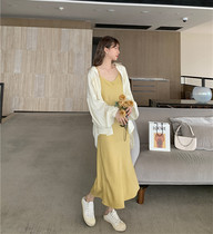Large code pregnant woman long dress yellow harness with dress and summer thin fat mm sunscreen and two sets of sweet and little fresh