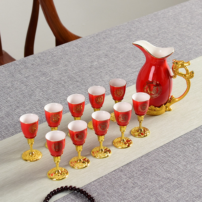 Ceramic Wine Furniture Group Set Imitation Ancient Chinese White Wine Cup Mouthwatering Cup Wine Flushed Wedding Year Old Wine Jug Upscale Leather Case Packaging