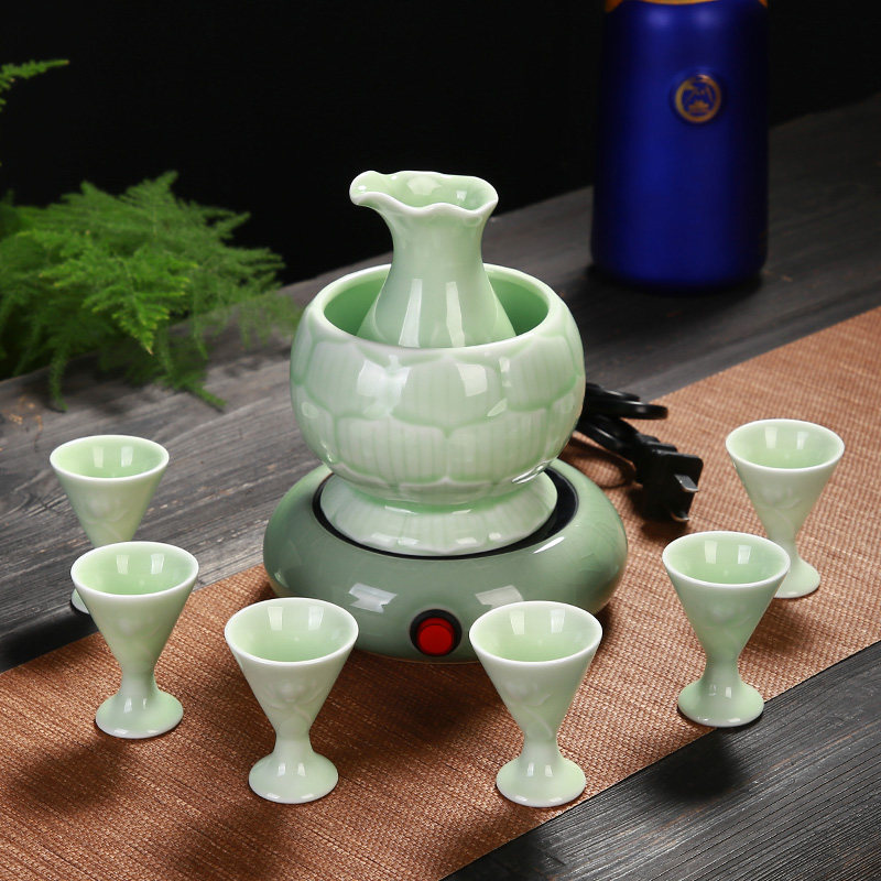 Green Porcelain Home Heating Hot wine Wine wine Wine Glass with wine glass Charged Magnetic Stove Wine Pot Imitation Ancient Warm Wine Ware Suit