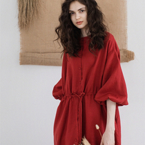 2022 Summer Shirt Dress Cotton Linen Retro Dress Red Mid long Round Necklace Linen Shirt Outside