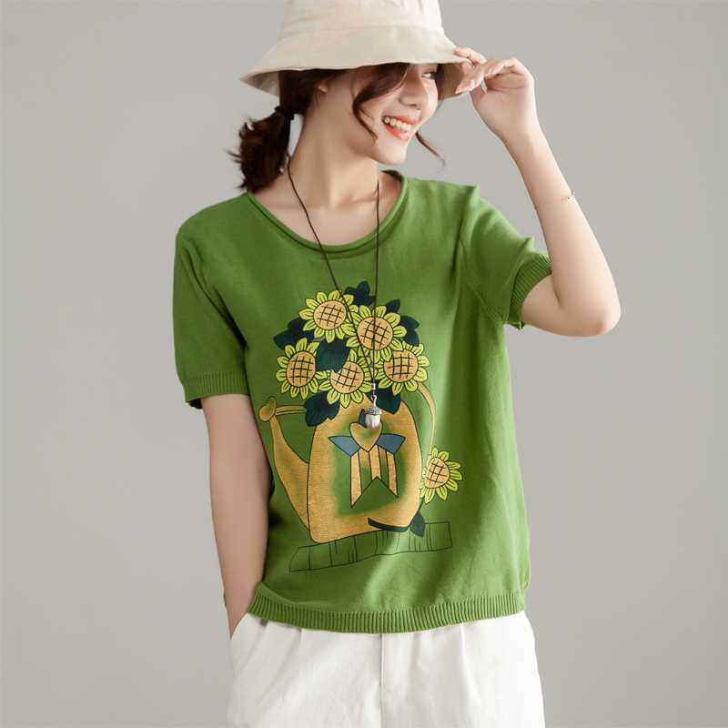 Flower Pot New Summer Dress Cotton Short-sleeved Round Neck Top Knitted Sweater Printed T-Shirt Fat M Large Size Thin Grass Green