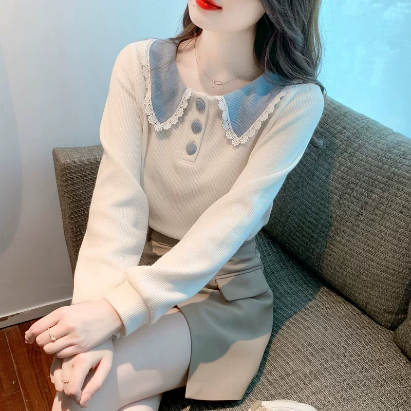 [인형 칼라 여성 맨투맨 여성복 봄과 가을 2023 새로운 긴 소매 티셔츠 디자인 감각 작은 키 짧은 블라우스]