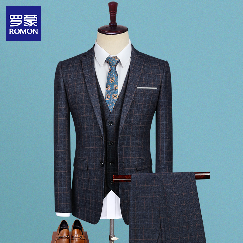 Roemon Men's Casual Western Suit Suit Business Fashion Plaid Suit Three Sets Young Korean Version Sashimi Mano
