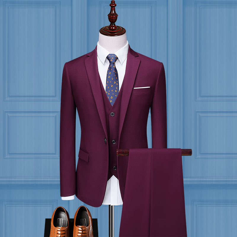 Romon young men's solid color suit three-piece Korean version of the slim best man suit groom wedding handsome dress formal dress