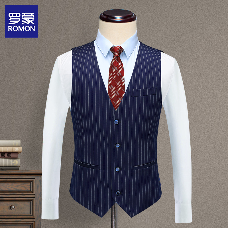 Romon Business Casual Men's Suit Vest Banquet Wedding Suit Slim Fit Vest Youth Professional Striped Vest