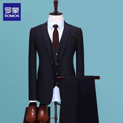 Romon business Fashion suit men's suit Korean slim plaid suit three-piece professional casual suit formal