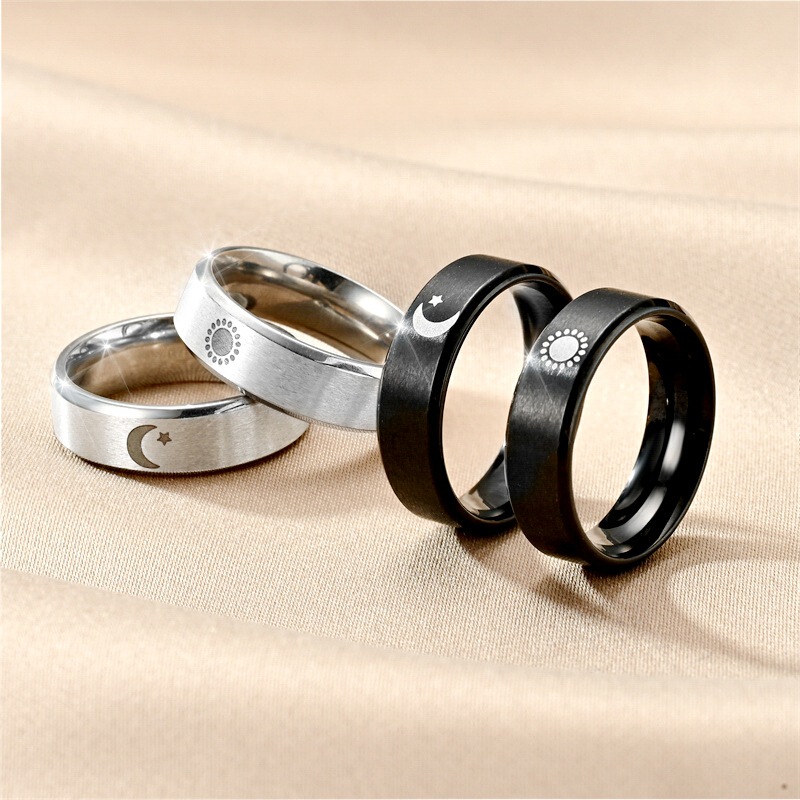 Design-Inspired Titanium Steel Couple Rings, Moon, Star, and Sun Rings, European and American Cross-Border Amazon Supply