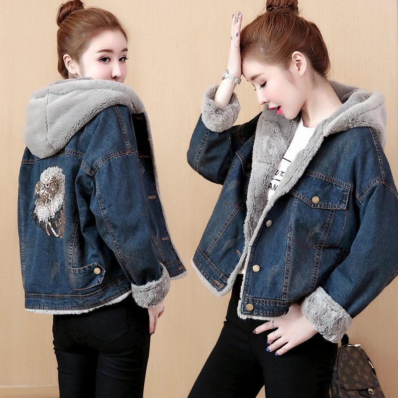 ngắn 2019 mới mùa đông lỏng bf phụ nữ bông của cộng nhung thêu denim jacket mui xe thường dày quần áo bông