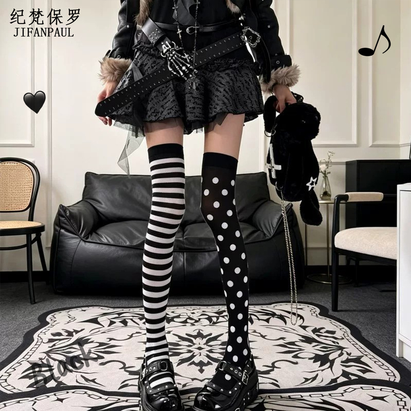Polka Dot Over-The-Knee Socks for Women, Black and White Striped Color-Blocking Long Socks, Spring and Summer Stylish Versatile Patchwork Thigh-High Socks