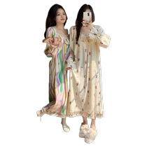 Spring and Autumn Nightgown Womens Long Sleeve Imitation Cotton Gauze 2024 New Princess Style Cute Cartoon Can Be Weared Outside Home Clothes