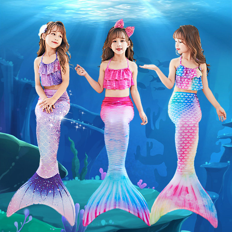 Children's mermaid tail swimsuit summer three-piece set big, medium and small girls princess skirt bikini split performance swimsuit