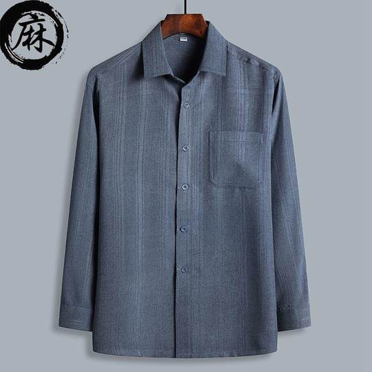 中老年男士长袖衬衫春夏季薄款宽松纯色衬衣老年人爷爷大码爸爸装