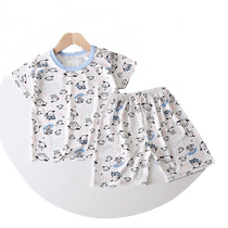 Childrens short-sleeved shorts set thin summer home clothes boys and girls air-conditioned clothes baby ice silk pajamas summer