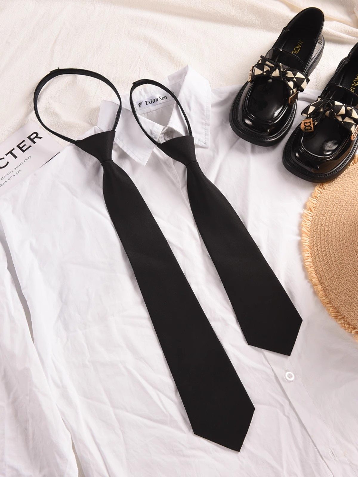 Black Tie Shirt for Men, College Style, Zip-Up Bow Tie, Student Korean Style, No-Tie Design, Unisex Decorative Trendy Accessory