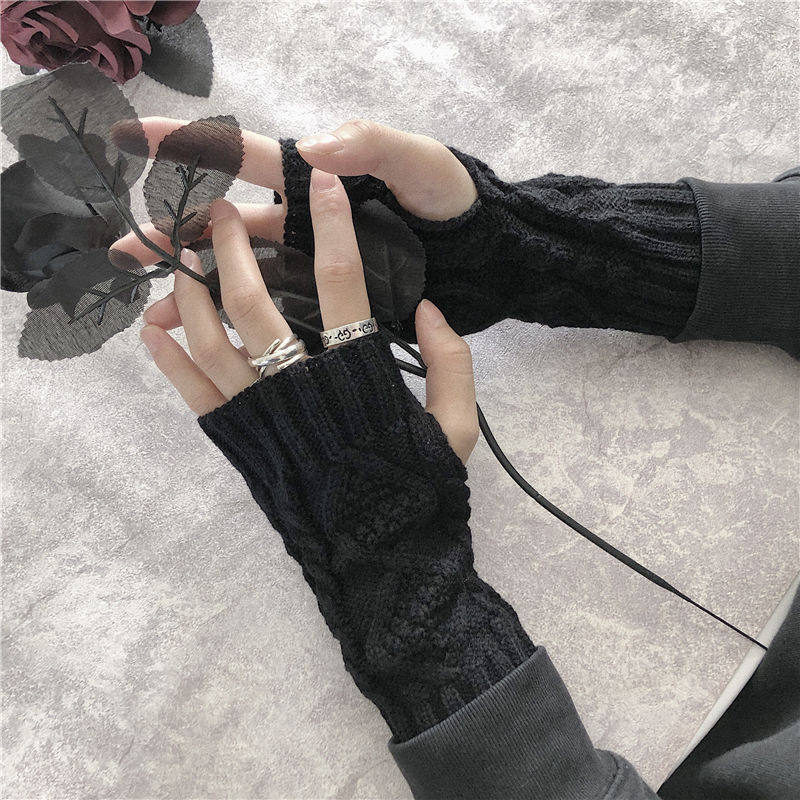 Dark-colored fingerless gloves for men and women, autumn and winter, knitted wool, warm, solid color, fingerless, open-toe, student-style gloves with fake sleeves, cool.