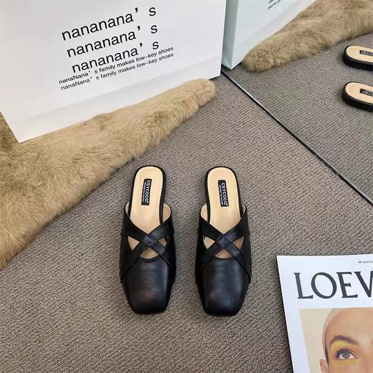 包头拖女夏季外穿2025新款办公室一脚蹬懒人鞋时尚交叉带镂空凉拖