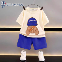 Childrens summer short-sleeved suit boys new waffle T-shirt 2024 new medium and large childrens casual and stylish childrens clothing