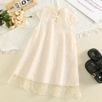 2024 new girls summer flag gown sleeveless national wind child pure couleur brodé hanfu baby retro robe