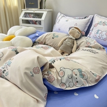 Ins style super cute strawberry rabbit bed student dormitory three-piece set washed cotton bed sheets and quilt cover four-piece set