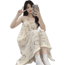 Summer 2024 new model with breast pads removable foam cotton sexy womens pure desire suspenders mid-length nightgown home wear