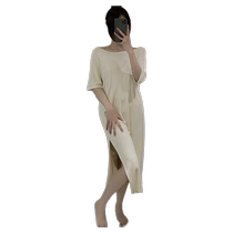 Womens nightgown 2024 autumn and winter new thin imitation cotton sexy pure lust style open backless mid-length nightgown dress