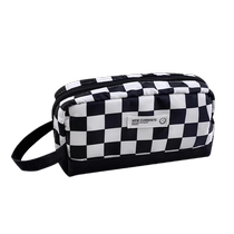 ins simple checkerboard canvas large capacity multi-layer separation cute junior and high school student storage bag pencil bag stain-resistant