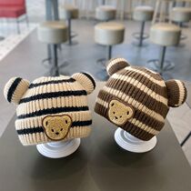 Baby autumn and winter Korean style childrens knitted hat for men and women baby striped bear head woolen hat rolled edge melon skin warm hat