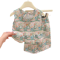 Summer childrens vest suit girls dopamine outfit two-piece baby oil painting floral fashionable internet celebrity suit
