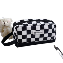 Checkerboard black and white solid color pencil bag ins multifunctional Korean pencil bag extra large capacity bag portable stationery bag