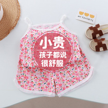 Girls suspender pajamas set summer thin childrens cotton vest baby floral sleeveless top shorts set