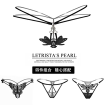 Sexy lingerie sexy thong womens transparent no-take-off hollow T-pants sexy pearl temptation lace open panties