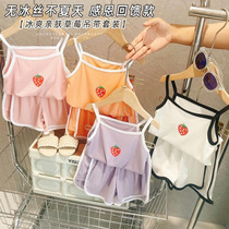 Girls Ice Silk Suspender Suit Two-piece Set 2024 Summer New Style Baby Girl Casual Cool Suit Small and Medium-sized Childrens Fashion