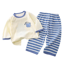 Summer childrens pure cotton home clothes set for boys and girls thin 2024 pajamas breathable three-quarter sleeve baby air-conditioned clothes