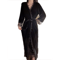 2023 new autumn and winter sexy gold velvet lace mid-length suspender nightgown for women autumn two-piece pajamas nightgown