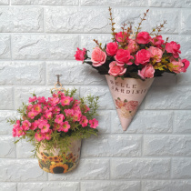 Qingmu plastic flower basket wall hanging flower wall hanging decoration hanging flower basket American home living room hanging wall rose fake flower