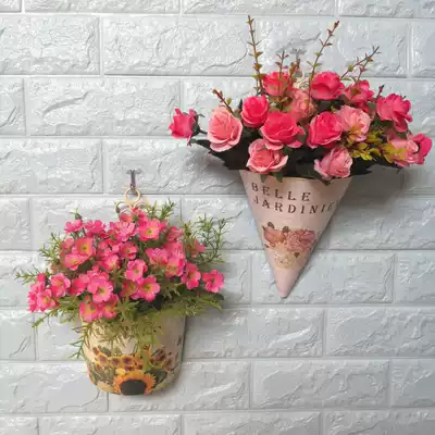 Qingmu plastic flower basket wall-mounted flower wall hanging decorative hanging flower basket American home living room wall-mounted rose fake flower