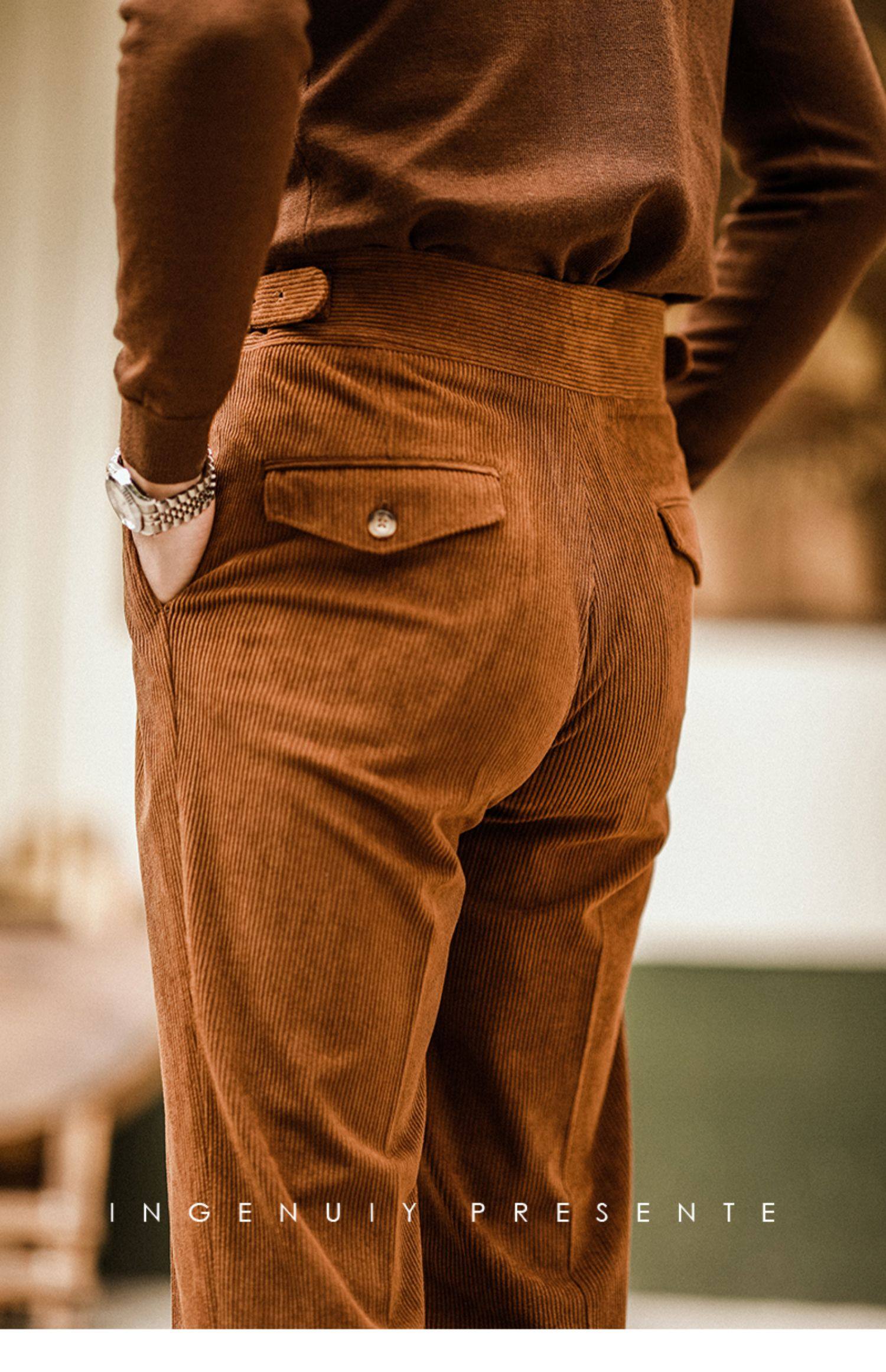 Men's Vintage Corduroy Gurkha Trousers High Waist Straight Pleated