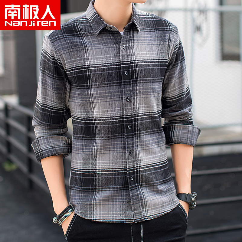 Antarctic man shirt men's long-sleeved Korean slim fashion pure cotton casual shirt tide brand port wind ins plaid shirt men