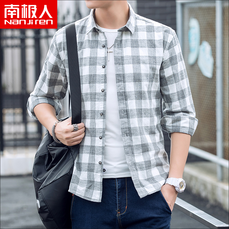 Antarctic ins super fire shirt men's handsome boys spring and autumn chic plaid shirt jacket long-sleeved student