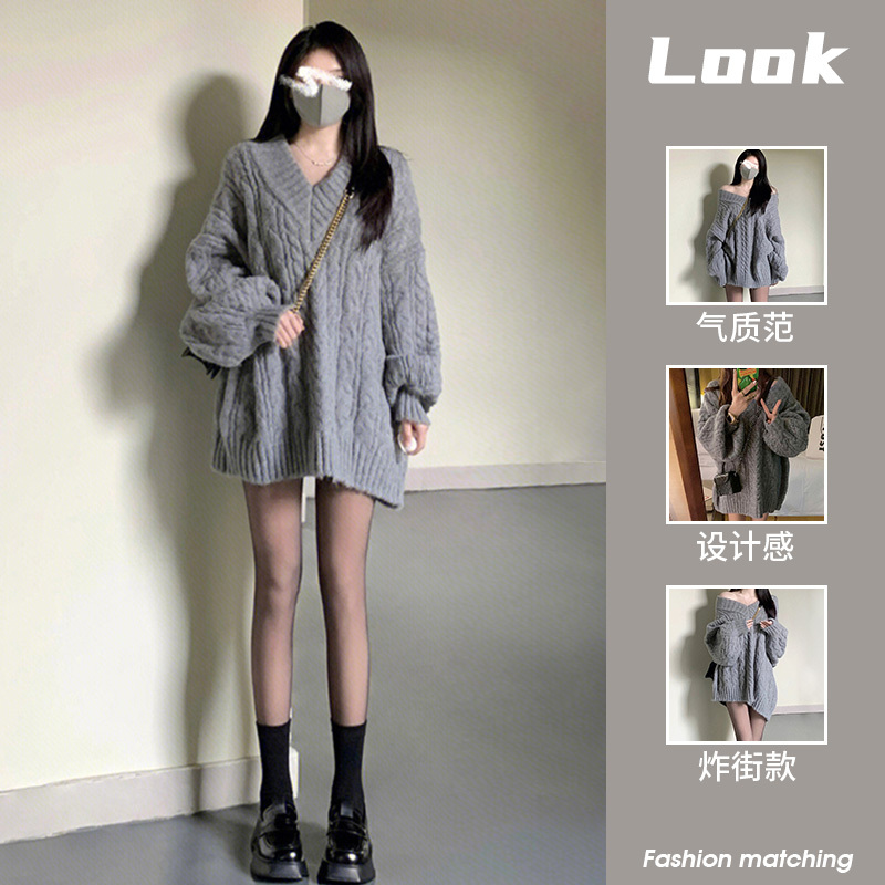 Twist Pullover V-Neck Sweater for Women, Early Spring 2026 New Popular Style, Lazy Style, Soft and Thick Knitted Top Twist Pullover V-Neck Sweater for Women, Early Spring 2026 New Popular Style, Lazy Style, Soft and Thick Knitted Top