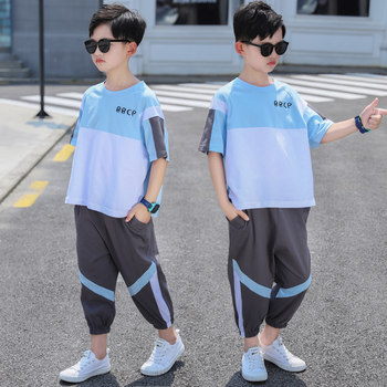 Boys summer short-sleeved suit, stylish medium-sized children's thin trousers 2024 new children's internet celebrity, handsome and trendy boy