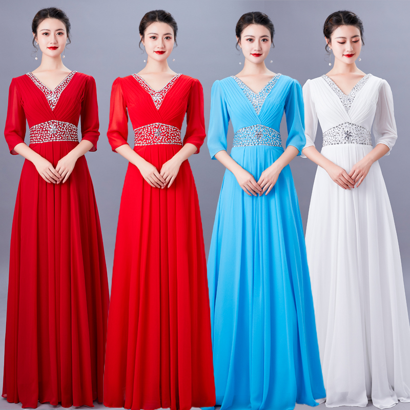 Red Song Chorus Group Performance Evening Dress Long Skirt Elegant Stage Ladies Performance Costume Singing Motherland New Style