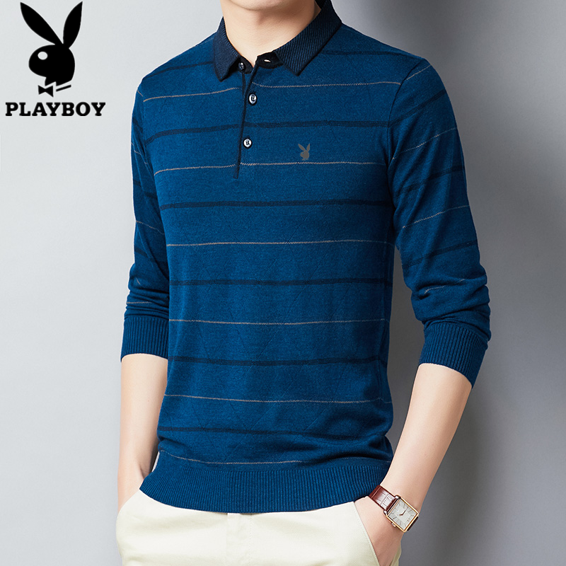 Playboy trung niên nam dài tay áo thun đùi cổ áo mùa xuân mùa thu cha knitsweater nam sọc chạm đáy.