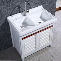 Ceramic laundry basin Space aluminum laundry cabinet Balcony laundry pool with washboard double slot pool Floor cabinet One-piece basin