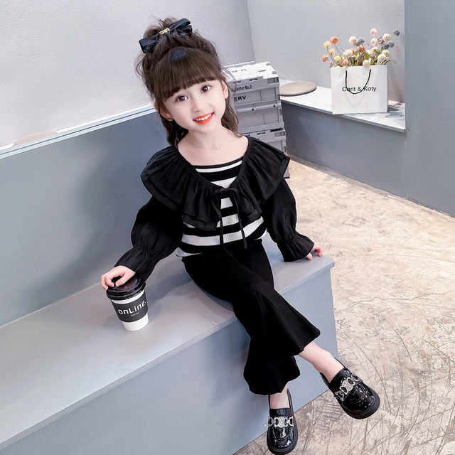 Girls spring clothes children's clothes 2023 new children's spring and autumn suit girls foreign style Korean version top flared trousers two-piece set